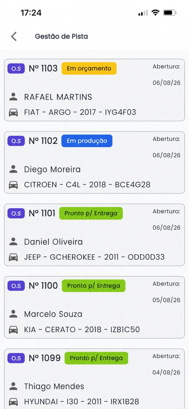 Aplicativo do Oficina Flow mostrando a lista de ordens de serviço em andamento