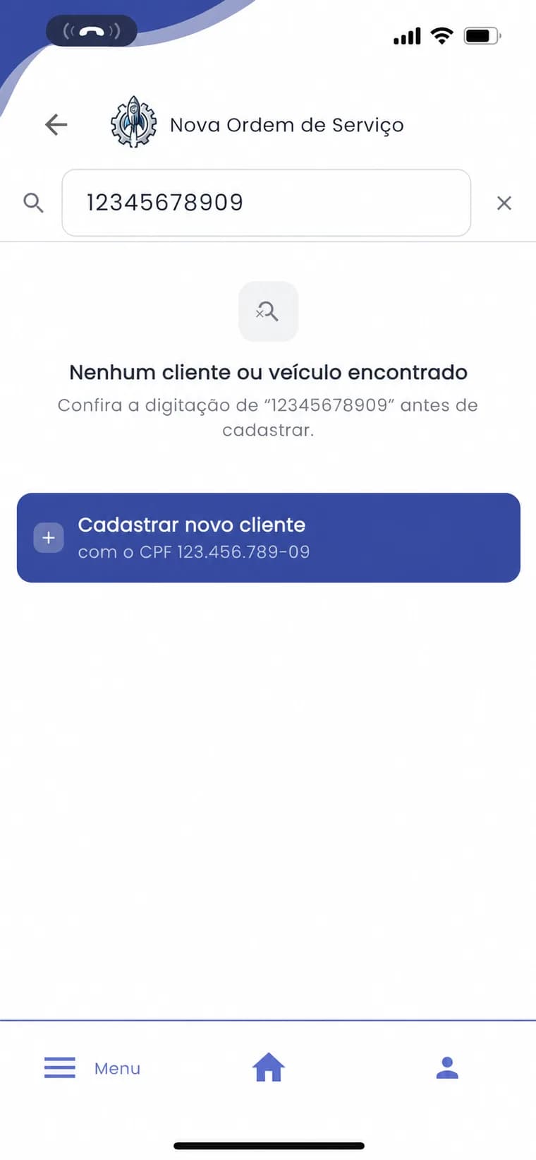 Busca de cliente por CPF ao abrir uma nova ordem de serviço no aplicativo