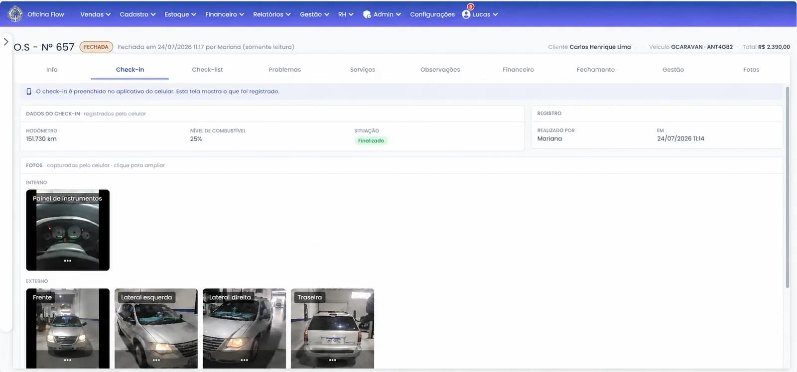 Aba de check-in de uma ordem de serviço, com hodômetro, combustível e fotos