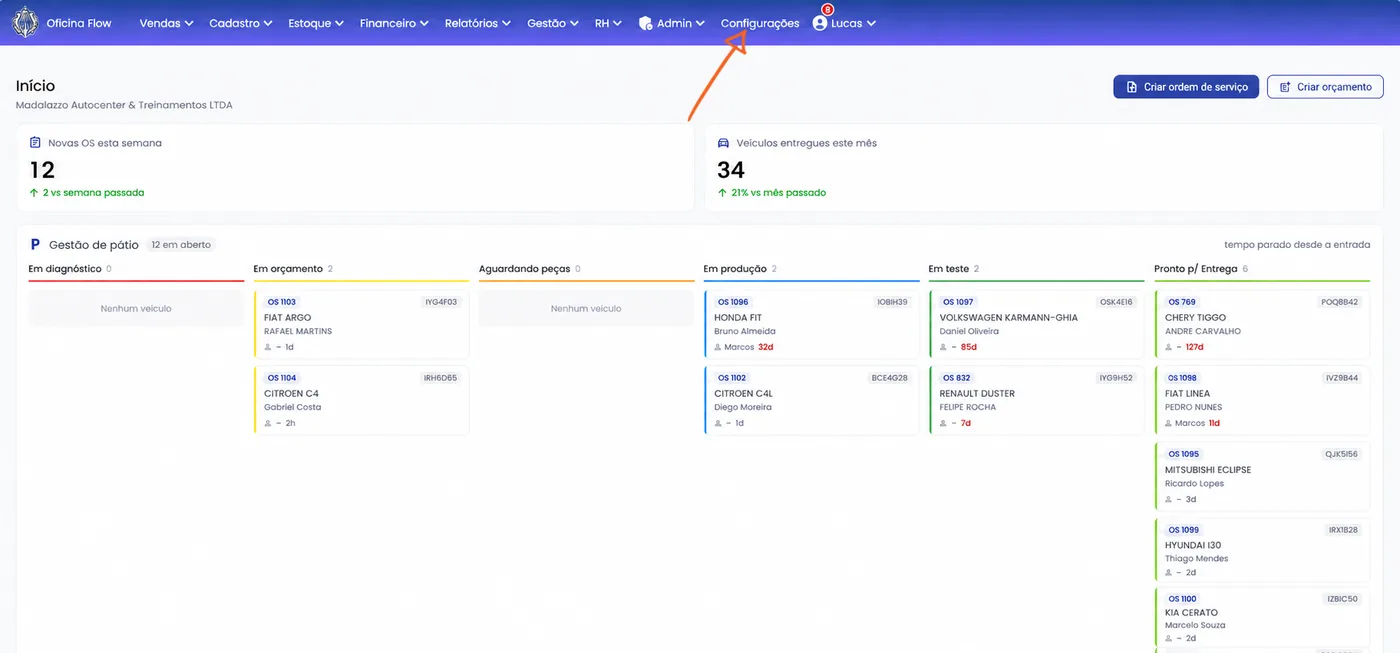 Menu superior do Oficina Flow com o item Configurações destacado