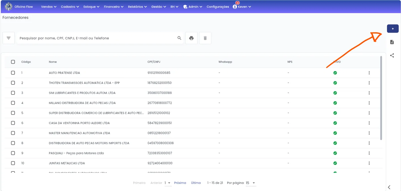 Lista de fornecedores com o botão de adicionar no canto superior direito